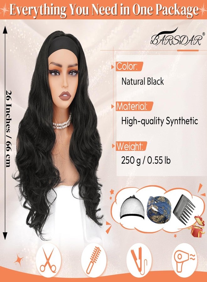 BARSDAR Long Body Wave Black Headband Wig - Black Loose Body Wavy Headband Wig for Women - 26 Inch Thick Soft Synthetic Wear and Go Glueless Wigs Natural Looking Easy Wear Head Band Wigs - Image 2